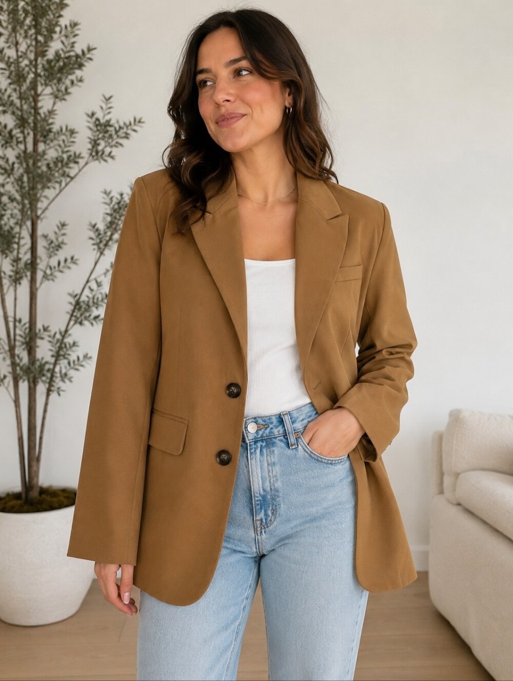 ASTR The Label Boyfriend Blazer in Caramel Tailored Business Casual Jacket L